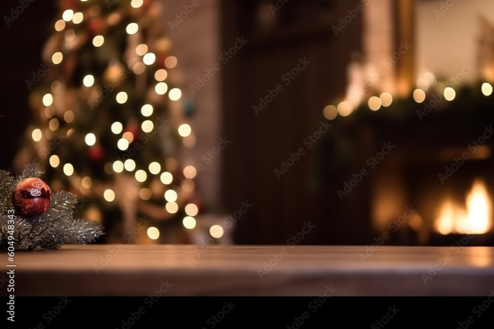Christmas background on Christmas tree and fireplace in bokeh with