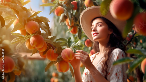 Generative Ai. a woman in a hat is looking at peaches on a sunny day.
