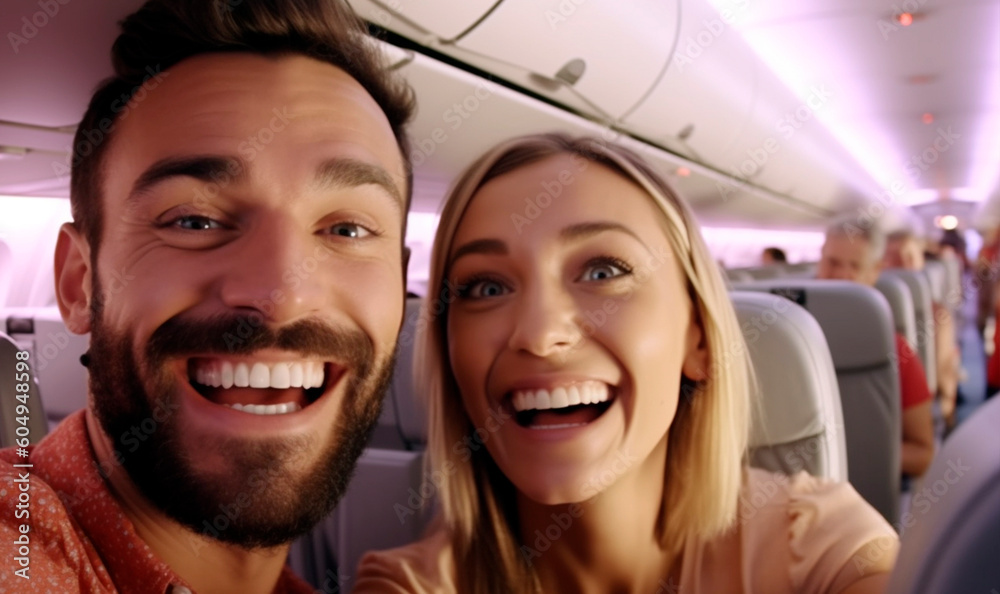 Generative Ai. couple on airplane smiling at camera