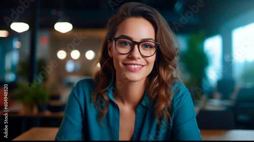 Generative Ai. smiling woman in glasses standing in a restaurant with arms crossed