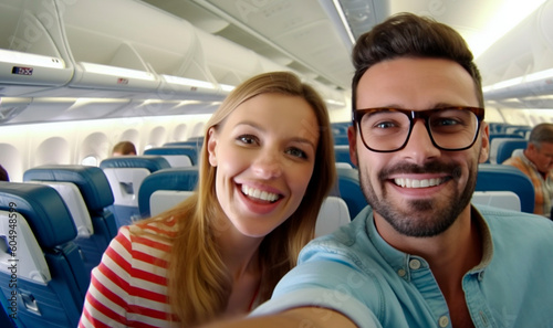 Generative Ai. couple taking selfie on airplane stock video footage