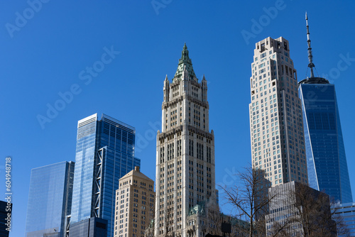 Lower Manhattan Skyscrapers with a Clear Blue Sky in New York City