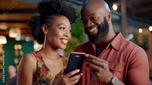  Generative Ai. smiling couple looking at cell phone in outdoor restaurant