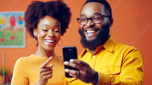 Generative Ai. a man and woman smiling while looking at their cell phones