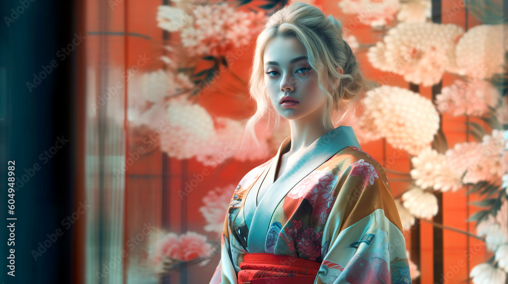 Generative Ai. a woman in a kimono standing in front of a window Generative Ai. a woman in a kimono standing in front of a window
