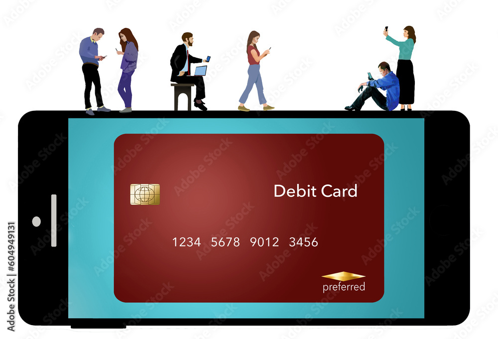 People are seen using their cell phones to check the status of their debit card account. They are seen on top of a huge cell phone that has a debit card on the screen in a 3-d illustration. People are seen using their cell phones to check the status of their debit card account. They are seen on top of a huge cell phone that has a debit card on the screen in a 3-d illustration.