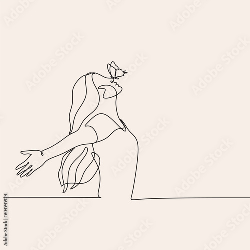 Freedom woman line art. Woman with butterfly. Abstract girl with butterfly by one line vector drawing. Portrait minimalistic style. Relax relaxing illustration