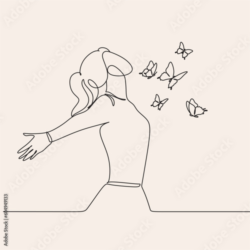 Freedom woman line art. Woman with butterfly. Abstract girl with butterfly by one line vector drawing. Portrait minimalistic style. Relax relaxing illustration