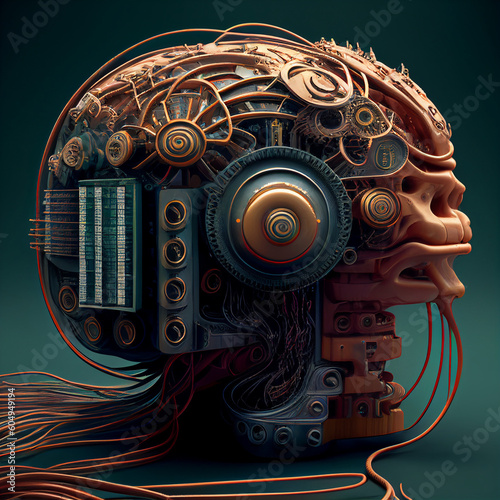 A human brain, made up of copper wires and computer parts.