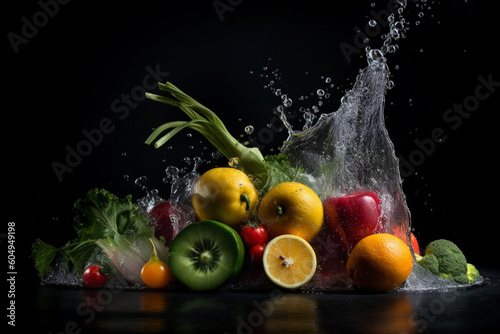 black background with assortment of fresh vegetables fruits and water splashe