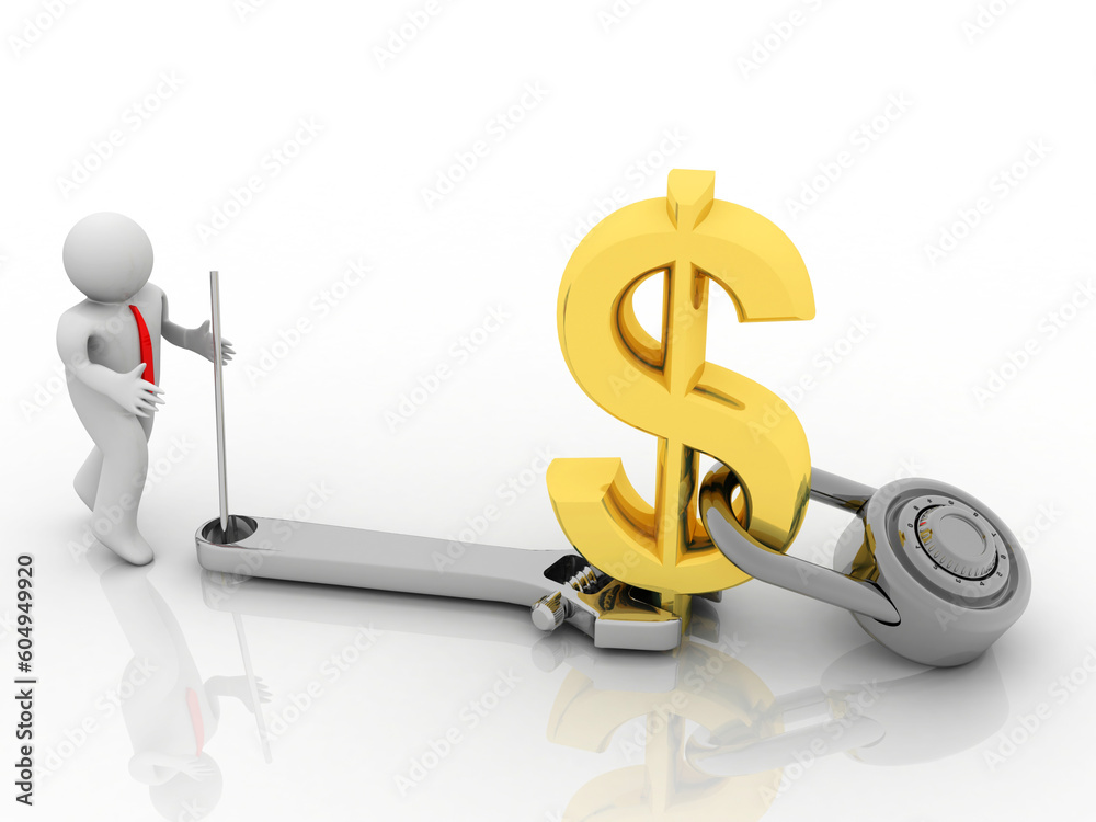 3d rendering Dollar symbol lock near business man 3d rendering Dollar symbol lock near business man