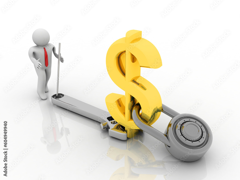 3d rendering Dollar symbol lock near business man 3d rendering Dollar symbol lock near business man