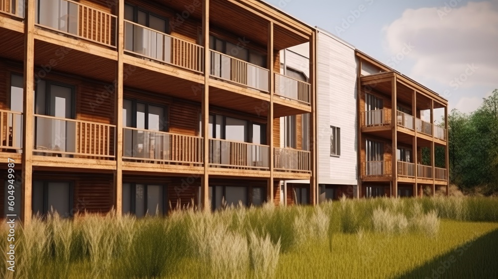 Beautiful modern architectural house, eco-friendly wood structure concept, seamlessly integrating with nature. Created by AI. Beautiful modern architectural house, eco-friendly wood structure concept, seamlessly integrating with nature. Created by AI.