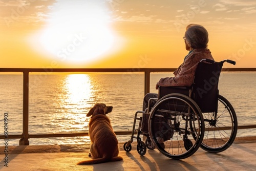 Senior woman in the wheelchair enjoying the view on the beach with her dog from her room. Created with generative AI