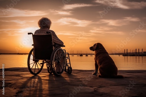 Senior woman in the wheelchair enjoying the view on the beach with her dog from her room. Created with generative AI © Creative Sparks