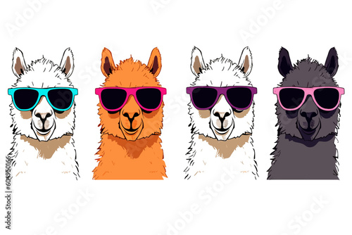 Alpacas wearing sunglasses on a white background, colorful clipart vector illustration