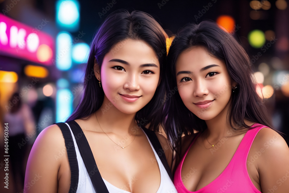 Portrait of a beautiful asian girls, city street as a background. Generative AI. Portrait of a beautiful asian girls, city street as a background. Generative AI.