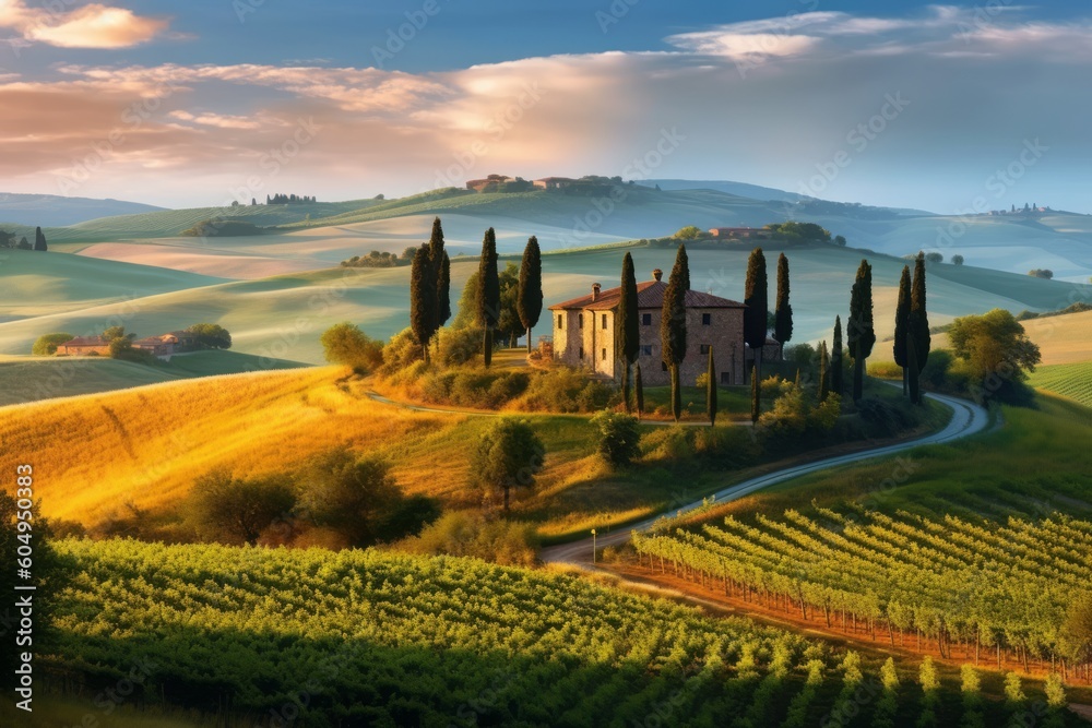 A serene image of the Tuscan countryside, with rolling hills, vineyards, and cypress trees, depicting the tranquility and beauty of the region. Generative Ai