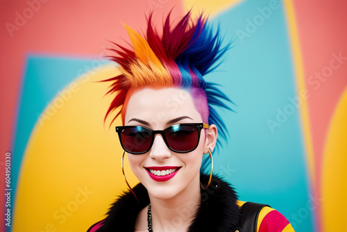 Portrait of a woman with colorful rainbow mohawk hair and sunglasses on a abstract painted background, summer vibrancy. Generative AI.
