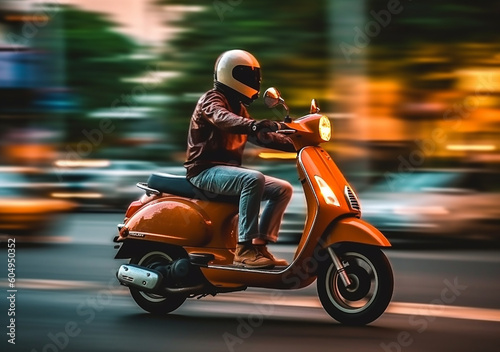 Fototapet Guy in helmet while riding a scooter rides around the city, AI Generated