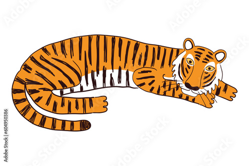 Cute tiger laying down hand drawn cartoon character illustration, sketch. Line art, drawing style design, isolated vector. Tropical animal, jungle wildlife, big cats, safari, nature, print element