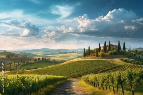 A serene image of the Tuscan countryside  with rolling hills  vineyards  and cypress trees  depicting the tranquility and beauty of the region. Generative Ai