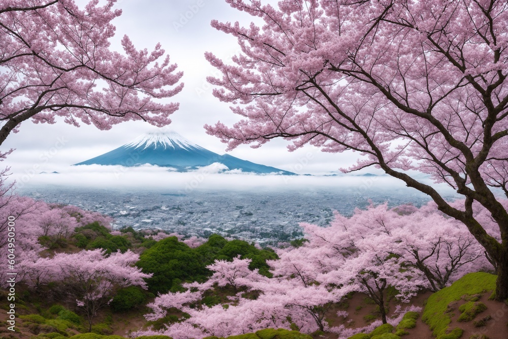 Sakura blossoms in japanese style ornamental garden, beautiful landscape. Generative AI. Sakura blossoms in japanese style ornamental garden, beautiful landscape. Generative AI.