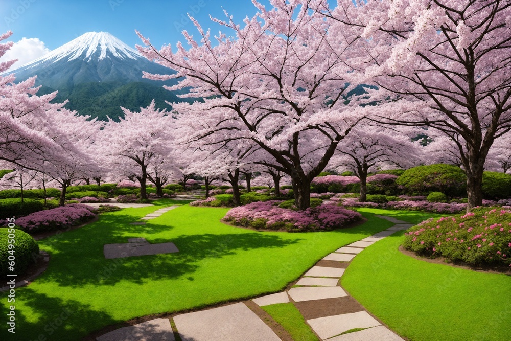 Fototapeta premium Sakura blossoms in japanese style ornamental garden, beautiful landscape. Generative AI.