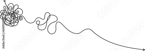 Complex and easy messy line. Hand drawn doodle knots curved in round form. Starting graphic point and arrow. Abstract 