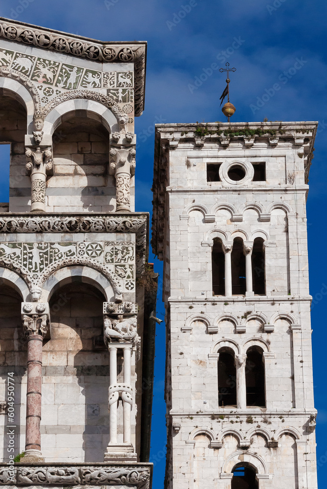 Medieval architecture in Lucca. Partial view of St Michael in Foro church with bell tower