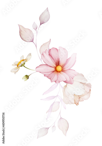 Bouquet of flowers on a white background. Watercolor illustration for greeting card