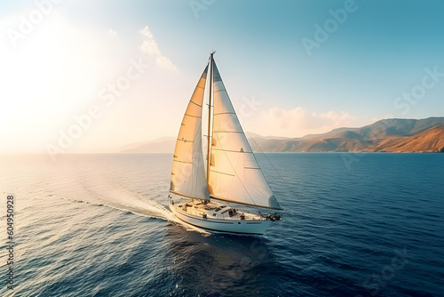 Fotografiet Sailboat in the sea under sunlight, luxury summer adventure, outdoor activities at sea