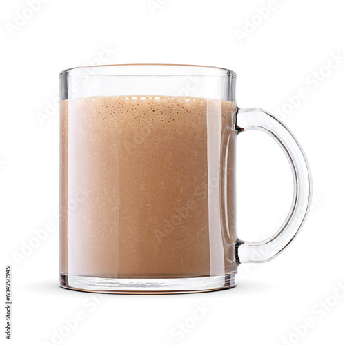 Chocolate milk drink or milkshake in glass cup isolated with clipping path. Transparent PNG image.