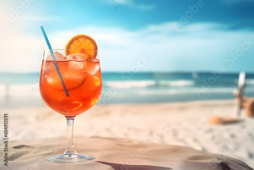 Aperol spritz on a white sandy beach with a sea view and space for text