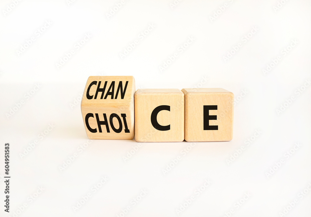 Choice and chance symbol. Businessman turns wooden cubes and changes the word Choice to Chance. Beautiful white table white background. Business choice and chance concept. Copy space. Choice and chance symbol. Businessman turns wooden cubes and changes the word Choice to Chance. Beautiful white table white background. Business choice and chance concept. Copy space.