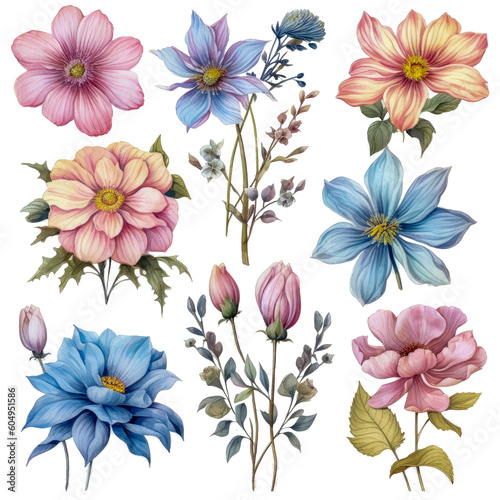 Beautiful Pastel Flower Clipart with Transparent Background AI Generated 