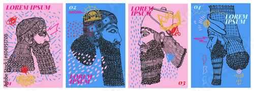 Recurso grafico. Cuatro diseños de carteles contemporaneos. Ilustraciones de esculturas clasicas con garabatos, formas abstractas frescas transgresosreas y divertidas. Diseño con colores alegres tipo 
