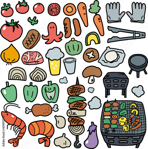 バーベキューをイメージした食材など小物のカラーイラストセット
