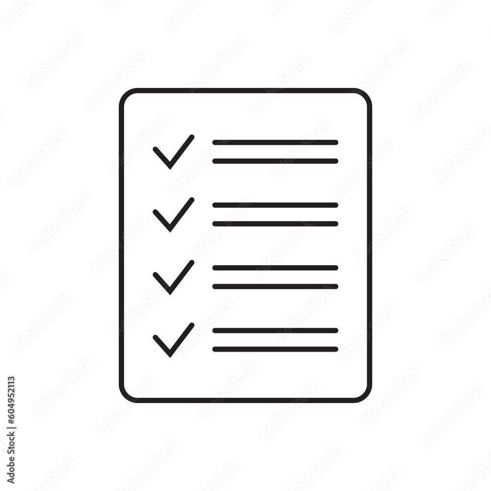 Checklist vector icon in line art style. Document icon, questionnaire icon. Text document vector icon, design element. Checklist vector icon in line art style. Document icon, questionnaire icon. Text document vector icon, design element.