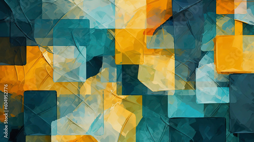 Abstract yellow and blue background, dark green and light gray, light teal, and light orange.