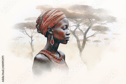 Watercolor Maasai women in national clothes with African landscape in the background. Beautiful black female. Generative AI