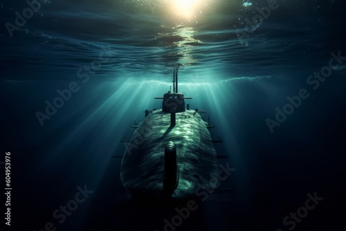 An underwater image of a sleek and powerful military submarine gliding through the depths of the ocean, surrounded by a beautiful play of light and shadows. Generative AI photo