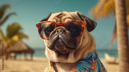 Pug wearing sunglasses at beach. Vacation concept. AI