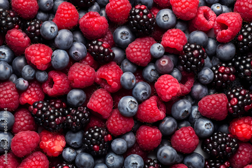 Fresh mixed berries filling the entire frame, food background, generative AI Fresh mixed berries filling the entire frame, food background, generative AI