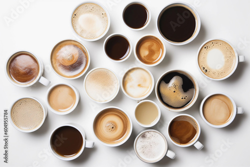 Multiple cups of coffee with variety of coffee drinks overhead view, generative AI