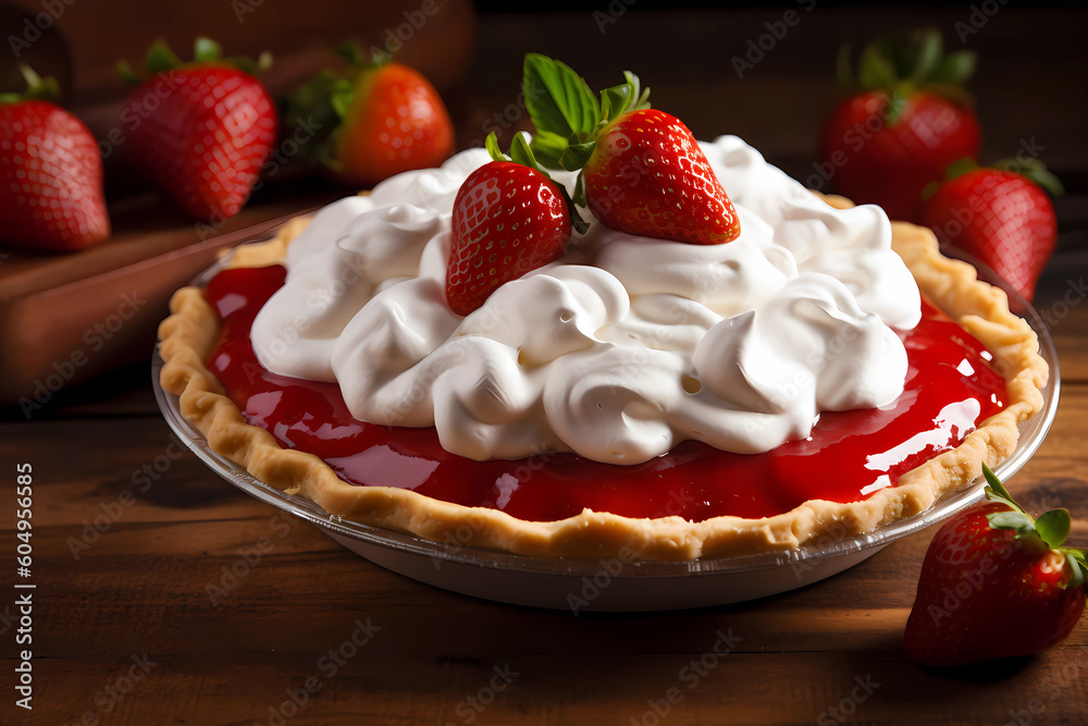 Strawberry pie whole on a wooden board, freshly baked summer dessert, generative AI Strawberry pie whole on a wooden board, freshly baked summer dessert, generative AI