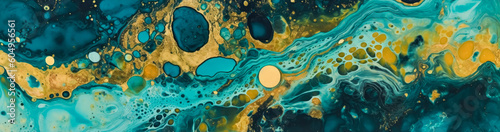 Turquoise & bronze abstract marble floor painting for weddings, organic biomorphic forms, dark indigo and yellow, aerial view. Generative Ai Illustration.