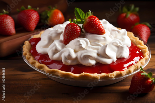 Strawberry pie whole on a wooden board, freshly baked summer dessert, generative AI