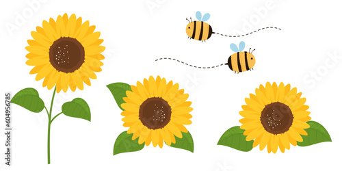 Set of sunflowers and bee cartoons isolated on white background vector.