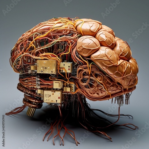 Technology brain made up of copper wires and computer parts.